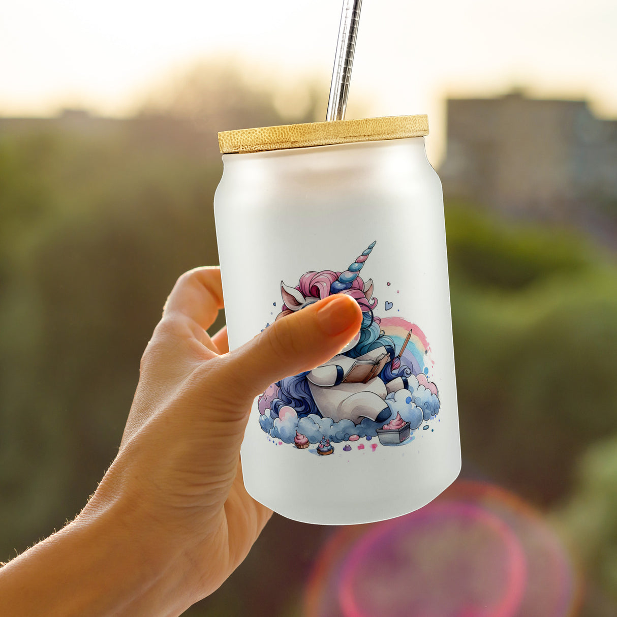 Träumendes Einhorn Trinkglas mit Bambusdeckel