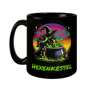 Hexe Tasse in Schwarz mit Spruch Hexenkessel