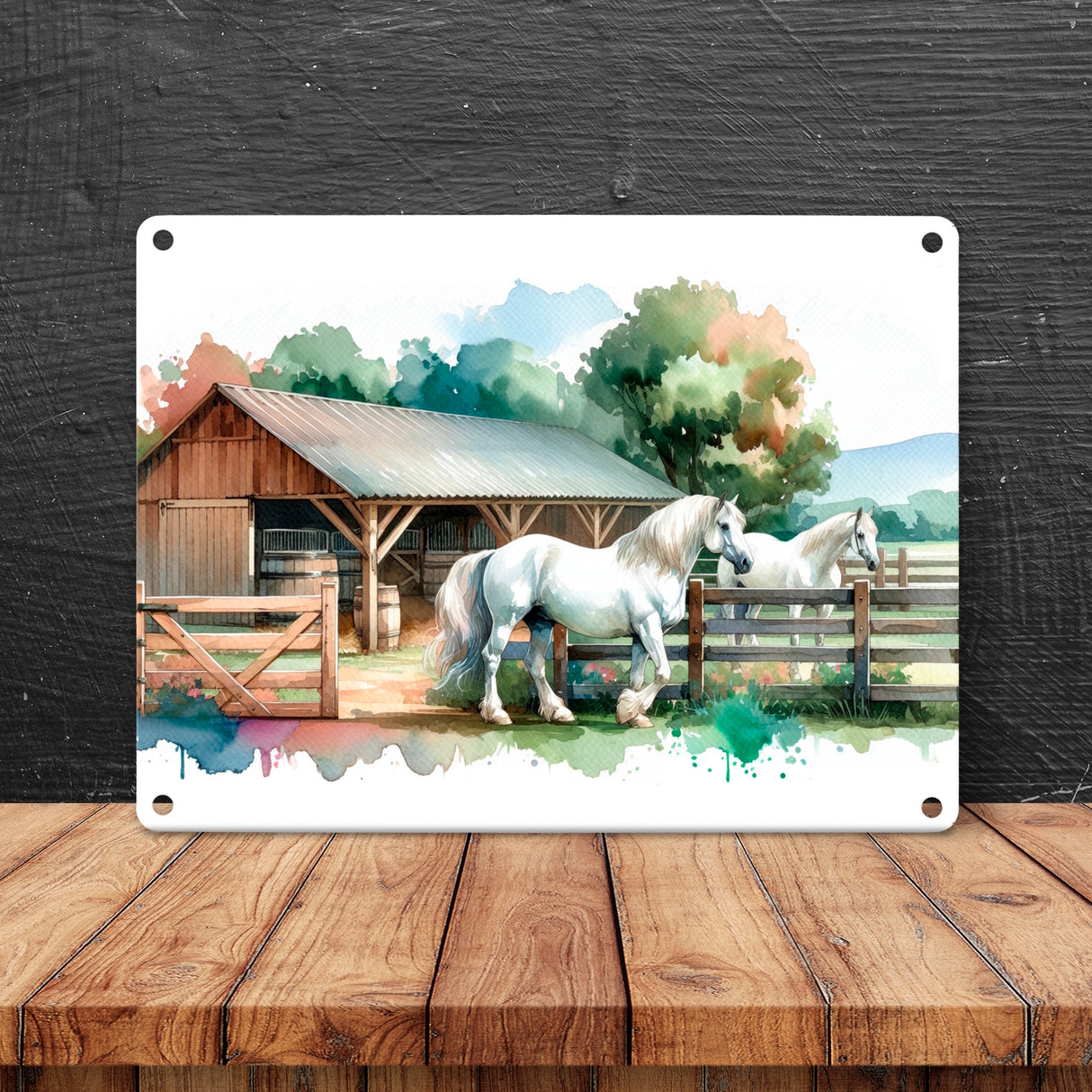 weiße Pferde auf der Koppel Metallschild in 15x20 cm