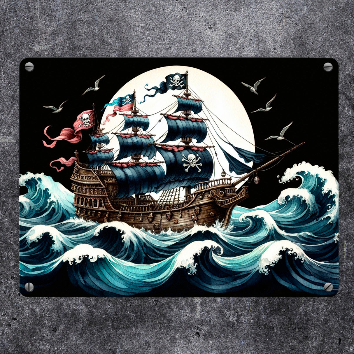 Piratenschiff auf hoher See Metallschild in 15x20 cm