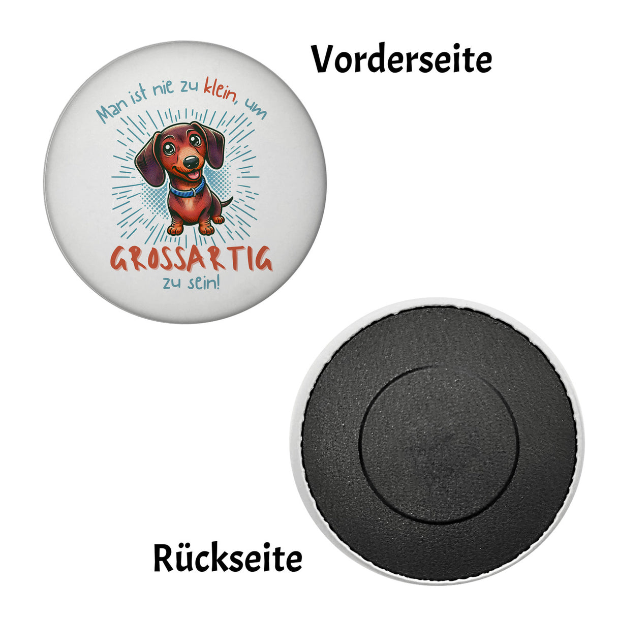 Dackel Magnet rund mit Spruch Nie zu klein für Großartigkeit