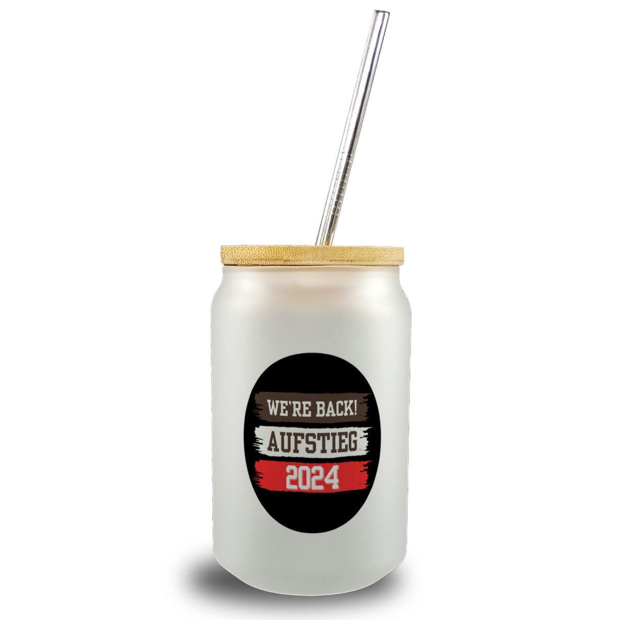 St. Pauli Aufstieg 2024 Trinkglas mit Bambusdeckel mit Spruch We're back