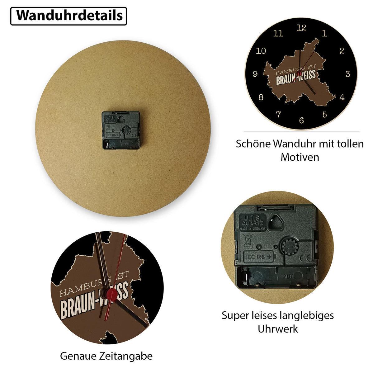 St. Pauli Wanduhr mit Spruch Hamburg ist braun-weiss