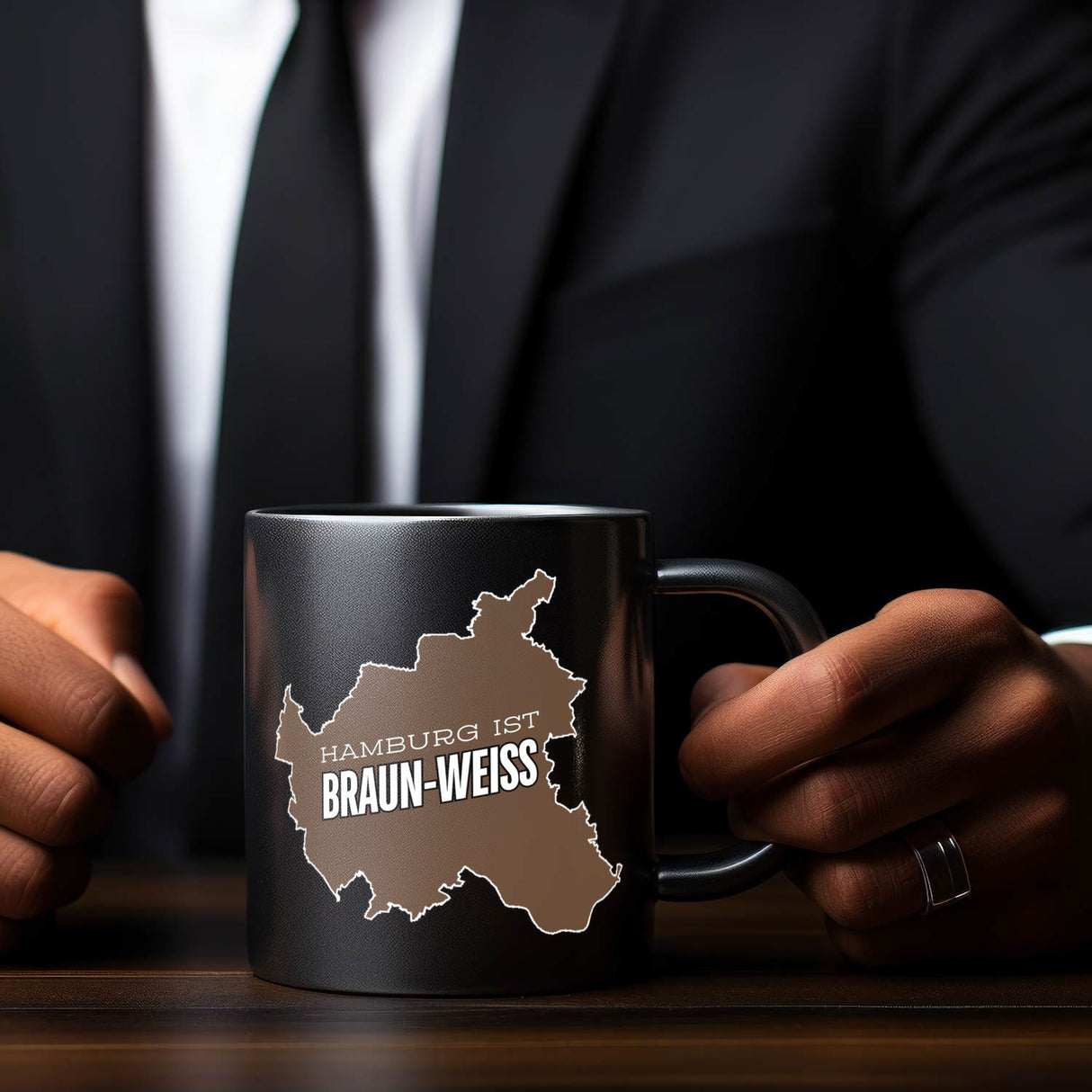 St. Pauli Tasse in Schwarz mit Spruch Hamburg ist braun-weiss