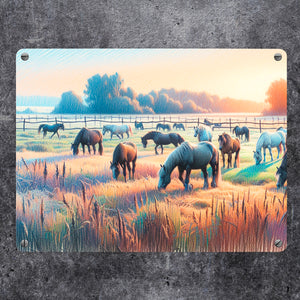 Pferde auf Koppel bei Sonnenaufgang Metallschild in 15x20 cm