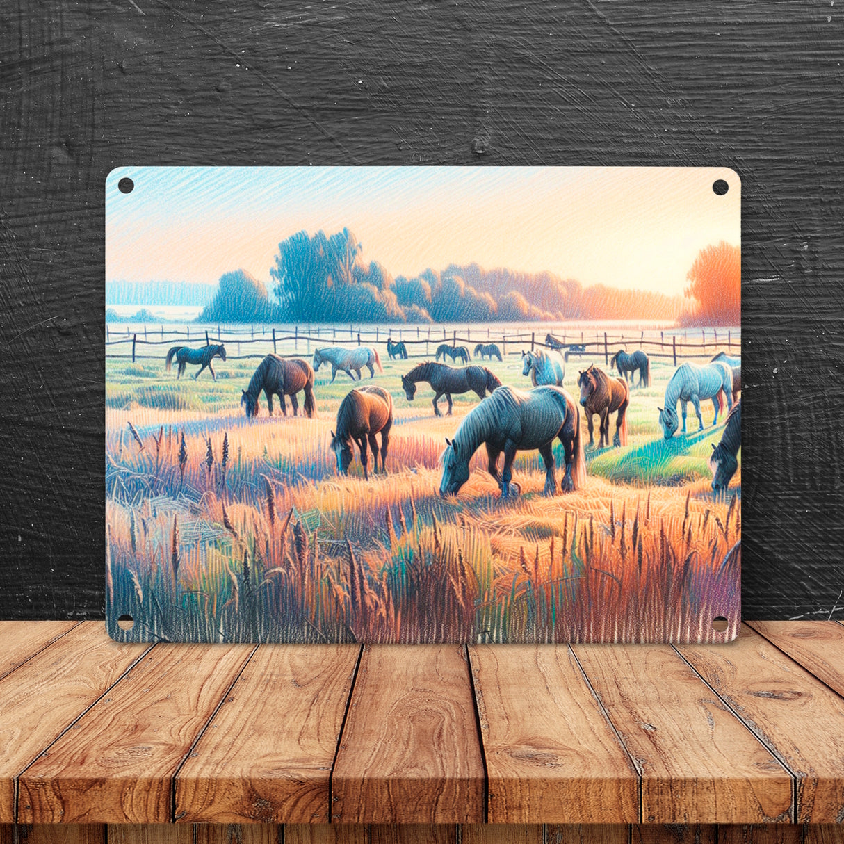 Pferde auf Koppel bei Sonnenaufgang Metallschild in 15x20 cm