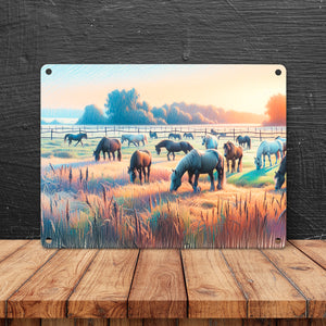 Pferde auf Koppel bei Sonnenaufgang Metallschild in 15x20 cm