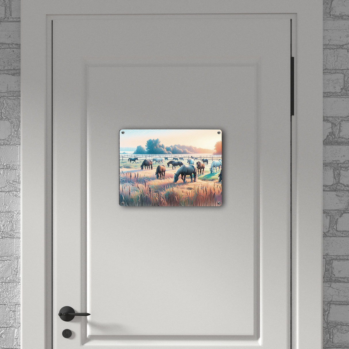 Pferde auf Koppel bei Sonnenaufgang Metallschild in 15x20 cm