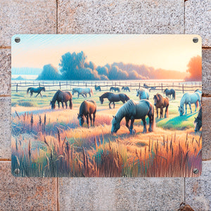 Pferde auf Koppel bei Sonnenaufgang Metallschild in 15x20 cm