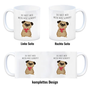 Mops mit Herz Kaffeebecher mit Spruch Du hast mir mein Herz gemopst