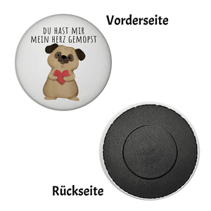 Mops mit Herz Magnet rund mit Spruch Du hast mir mein Herz gemopst