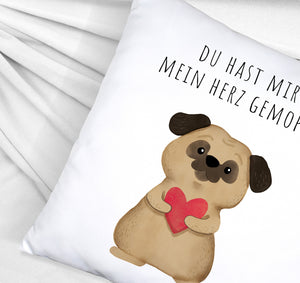 Mops mit Herz Kissen mit Spruch Du hast mir mein Herz gemopst