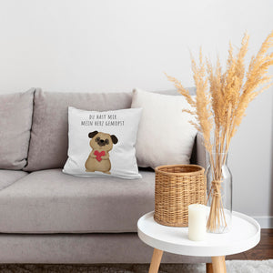 Mops mit Herz Kissen mit Spruch Du hast mir mein Herz gemopst