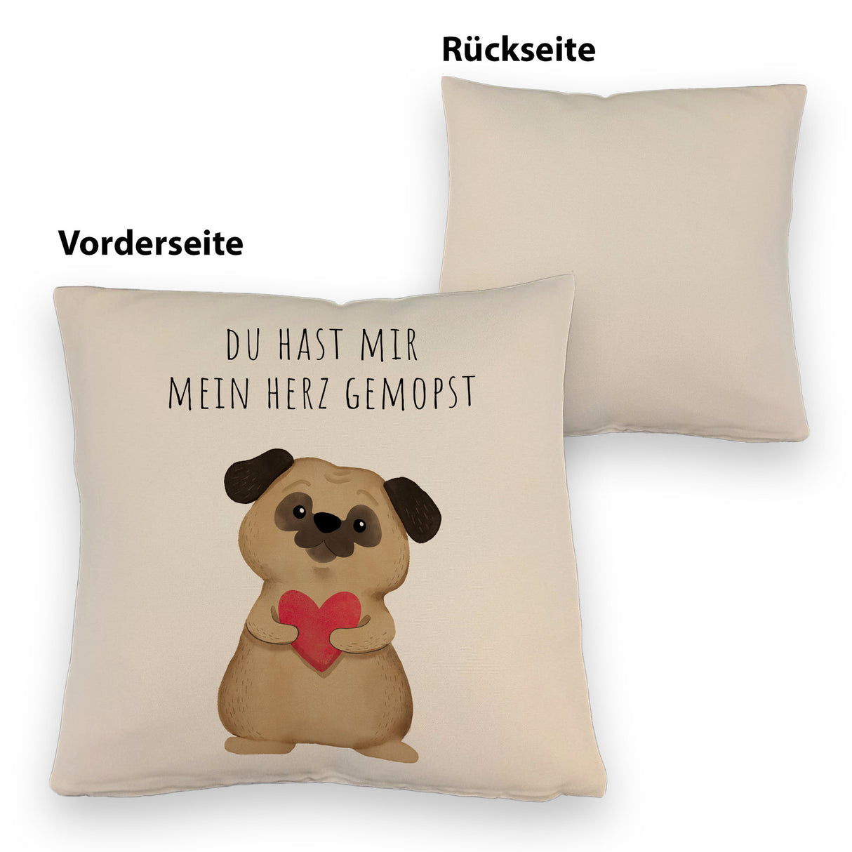 Mops mit Herz Kissen mit Spruch Du hast mir mein Herz gemopst