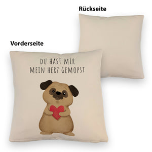 Mops mit Herz Kissen mit Spruch Du hast mir mein Herz gemopst