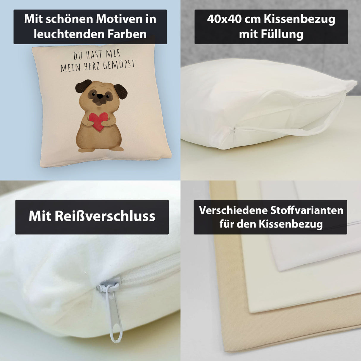 Mops mit Herz Kissen mit Spruch Du hast mir mein Herz gemopst