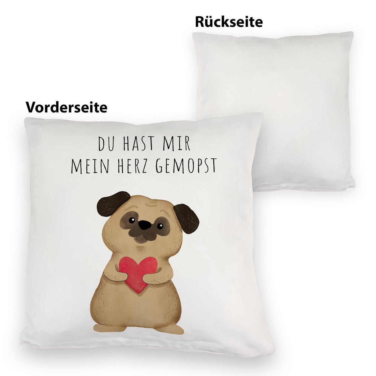 Mops mit Herz Kissen mit Spruch Du hast mir mein Herz gemopst