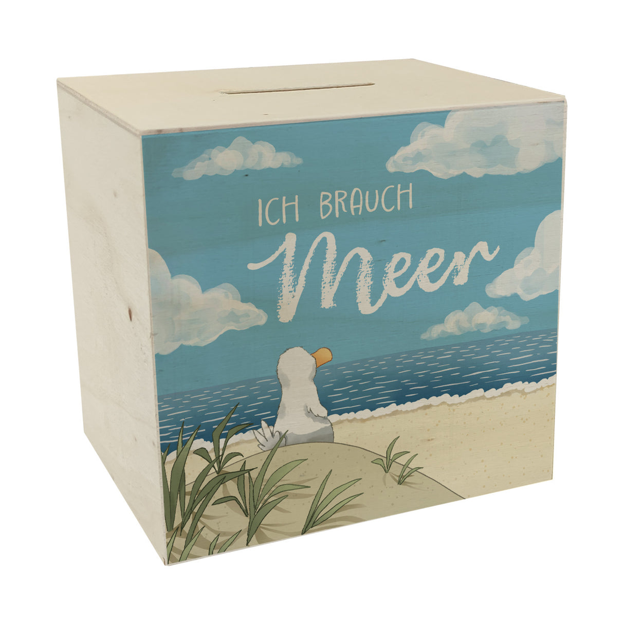 Möwe am Strand Spardose mit Spruch Ich brauch Meer