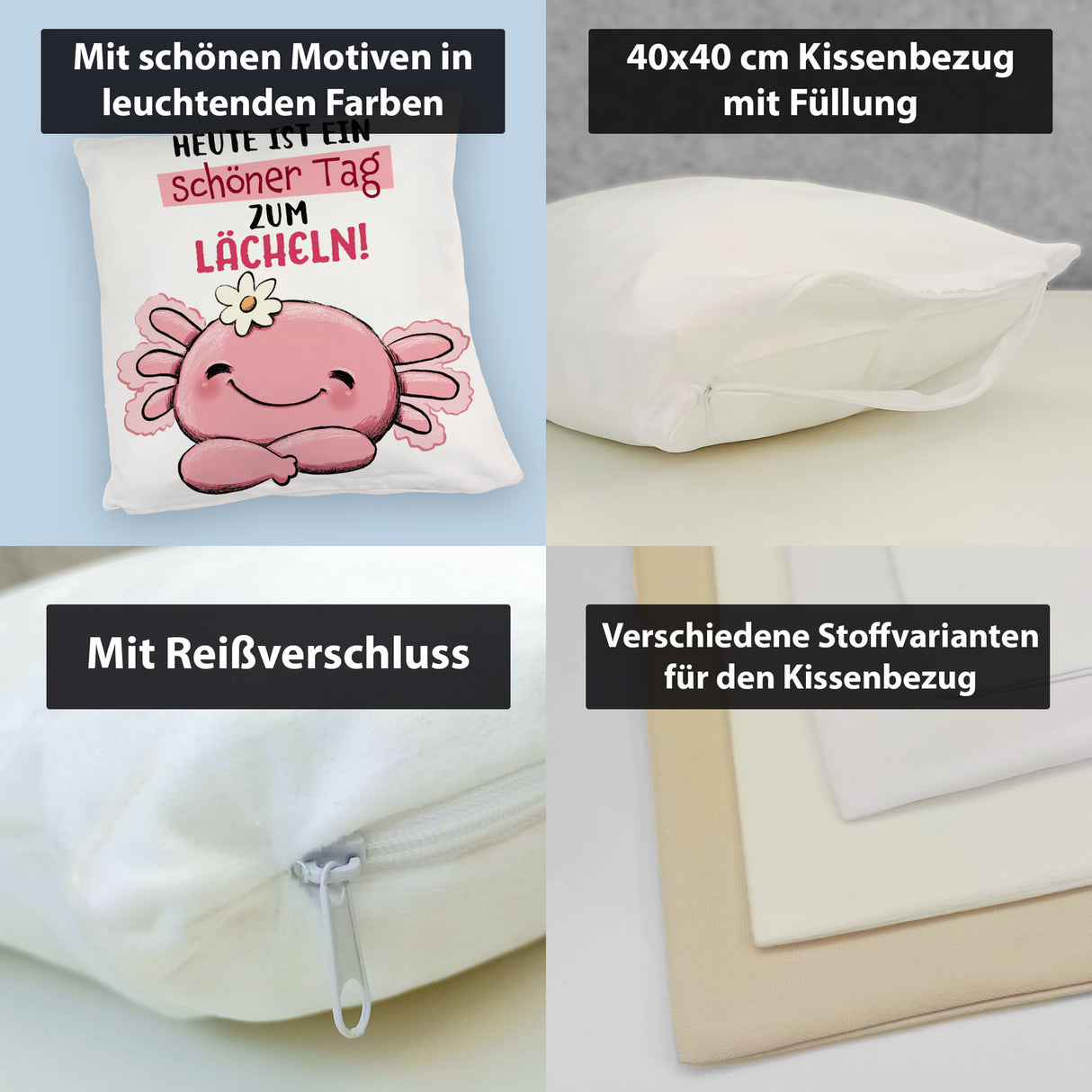 Axolotl Kissen mit Spruch Heute ist ein schöner Tag zum Lächeln