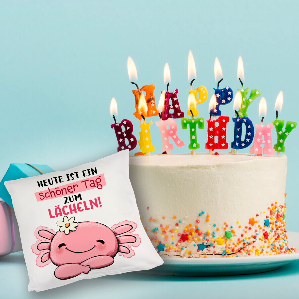 Axolotl Kissen mit Spruch Heute ist ein schöner Tag zum Lächeln