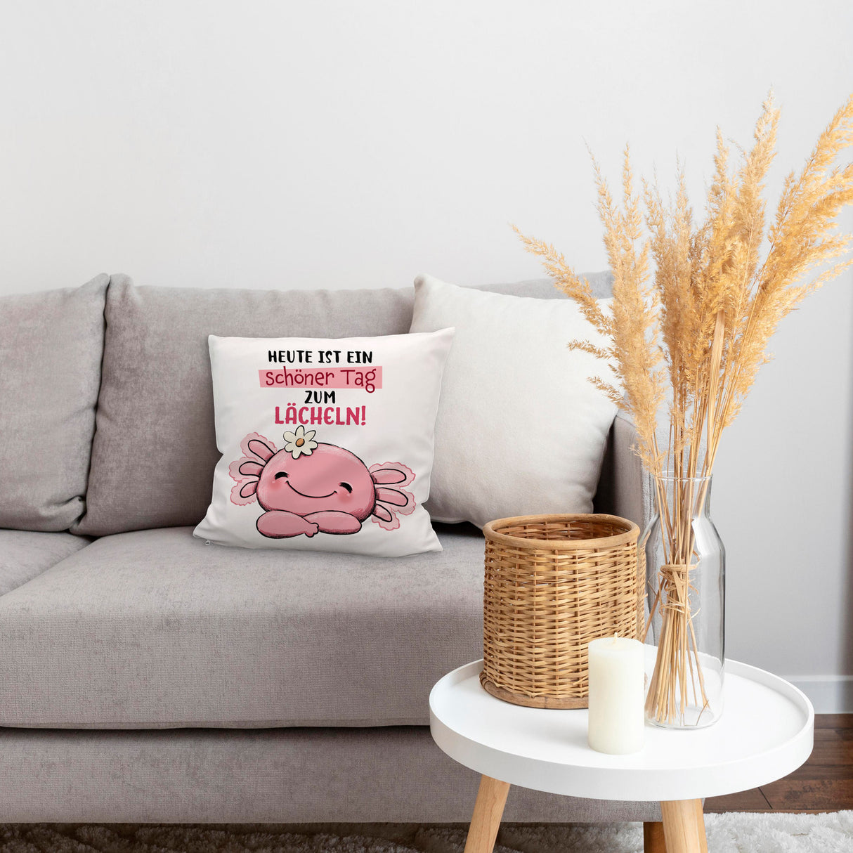 Axolotl Kissen mit Spruch Heute ist ein schöner Tag zum Lächeln