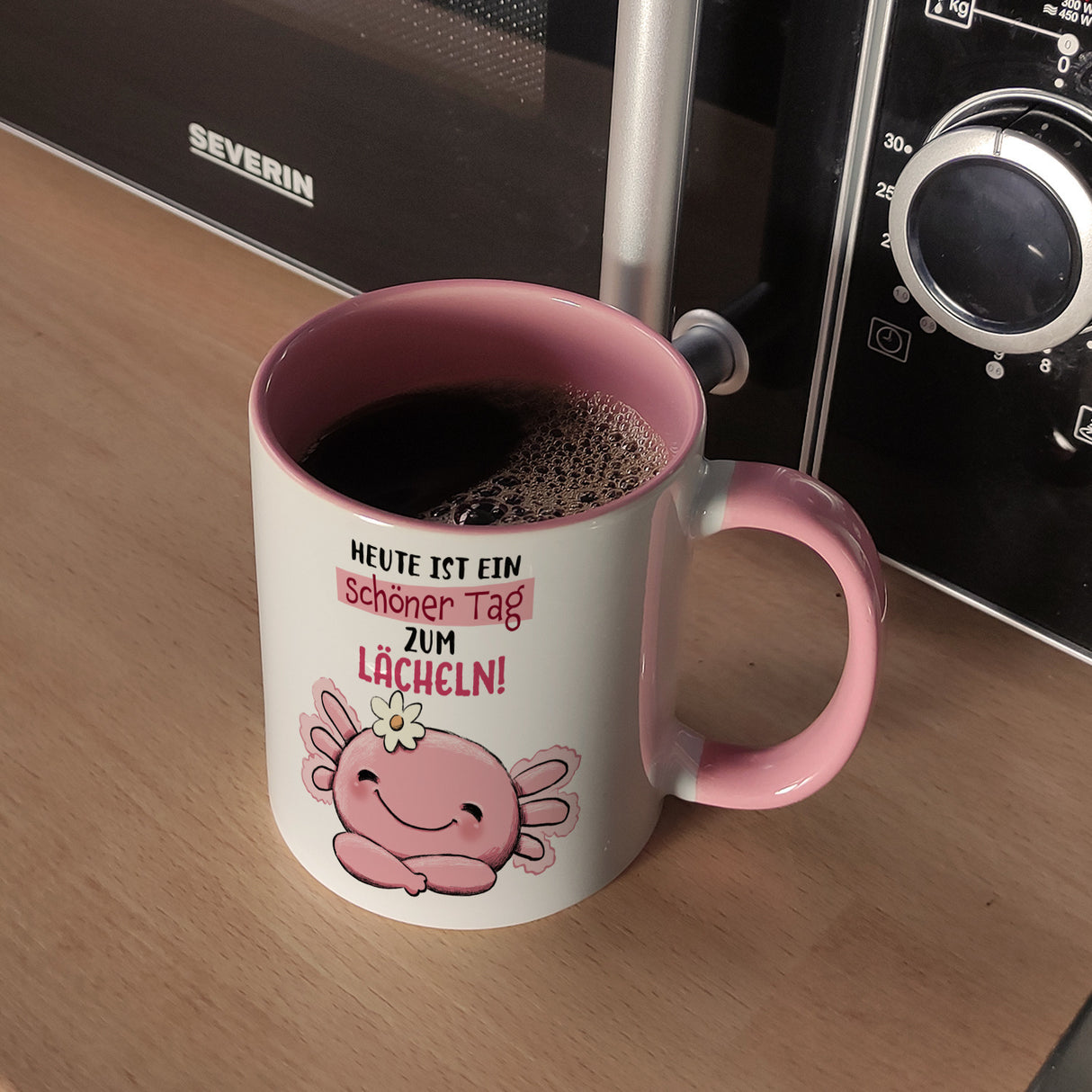 Axolotl Kaffeebecher mit Spruch Heute ist ein schöner Tag zum Lächeln