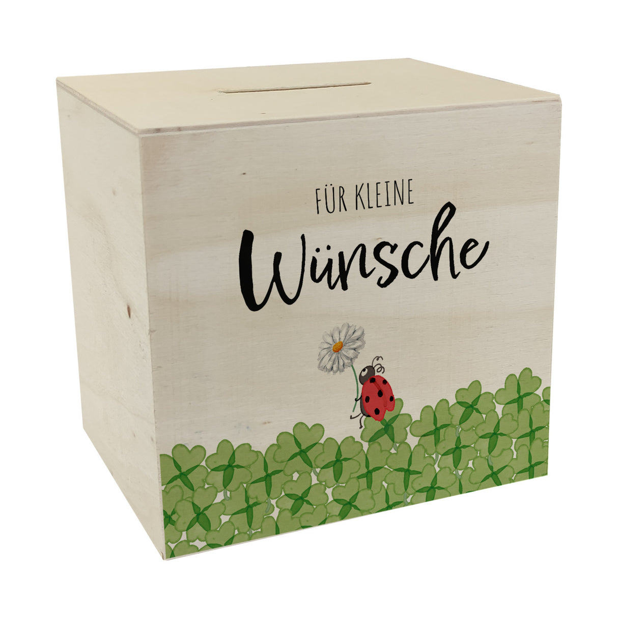 Marienkäfer im Kleefeld Spardose mit Spruch Für kleine Wünsche