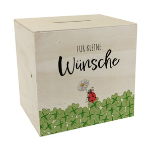 Marienkäfer im Kleefeld Spardose mit Spruch Für kleine Wünsche