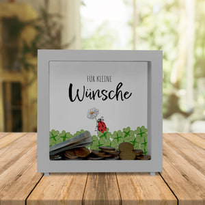 Marienkäfer im Kleefeld Spardose mit Spruch Für kleine Wünsche