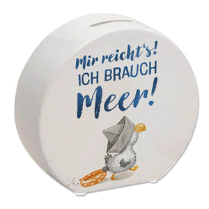 Möwe mit Schwimmreifen Spardose mit Spruch Mir reicht‘s ich brauch Meer