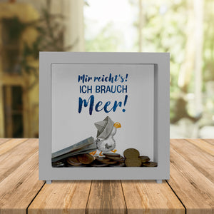 Möwe mit Schwimmreifen Spardose mit Spruch Mir reicht‘s ich brauch Meer