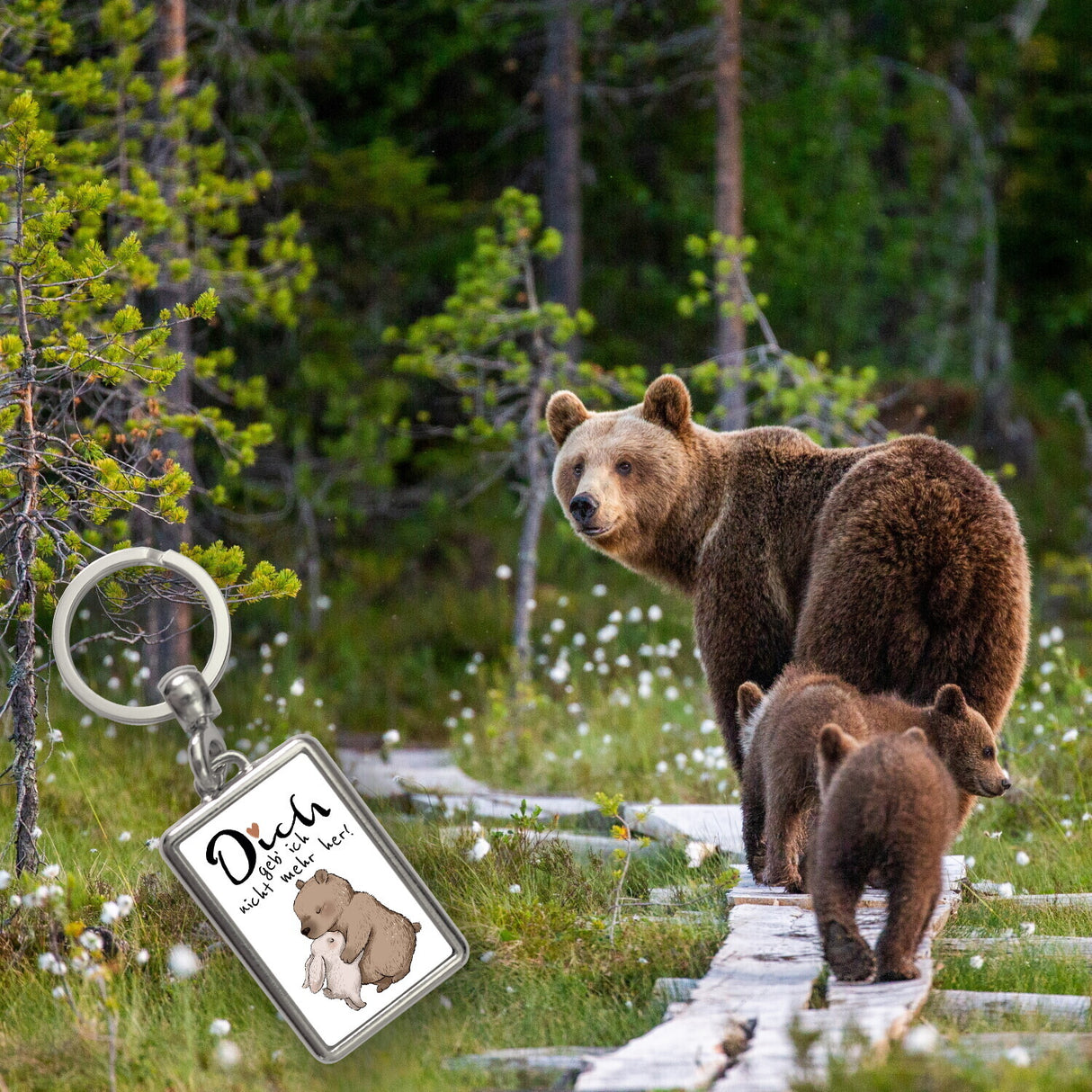 Hase und Bär Schlüsselanhänger mit Spruch Dich geb‘ ich nicht mehr her