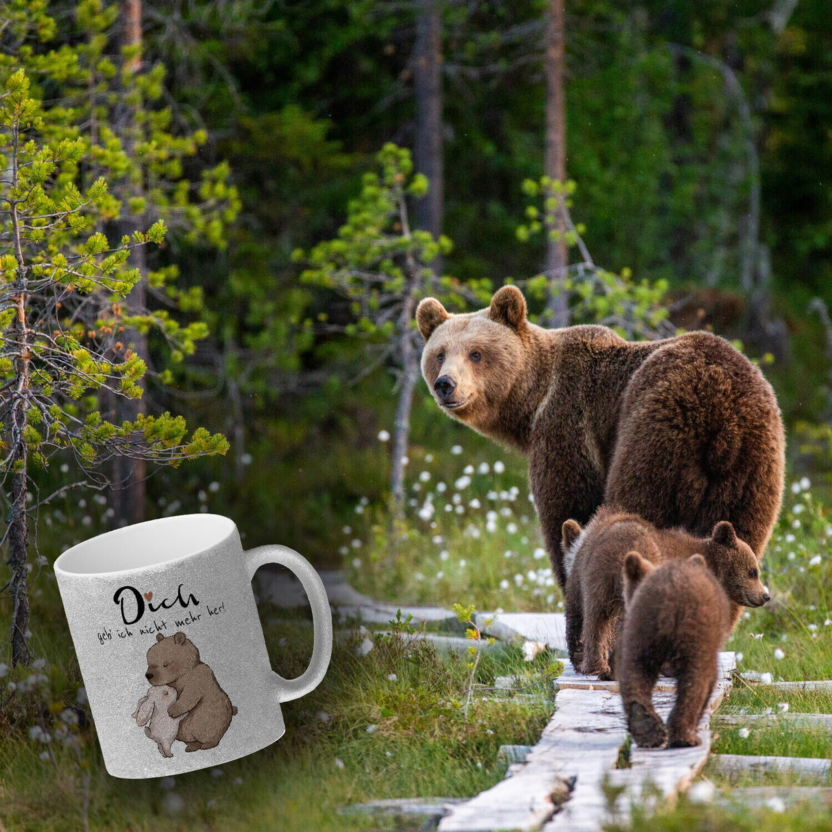 Hase und Bär Kaffeebecher mit Spruch Dich geb ich nicht mehr her