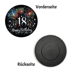 18. Geburtstag Feuerwerk Magnet rund mit Spruch Happy Birthday 18