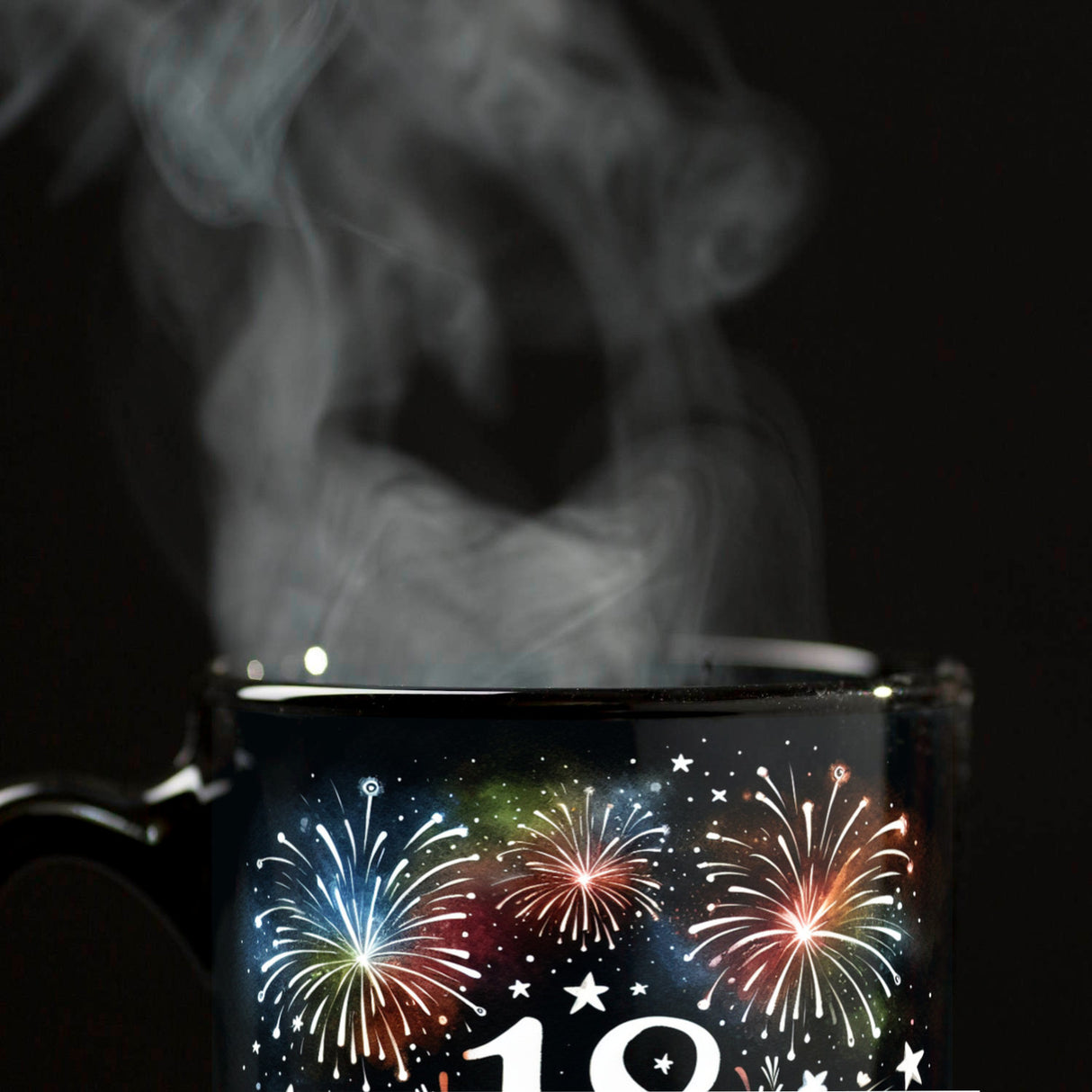 18. Geburtstag Feuerwerk Tasse in Schwarz mit Spruch Happy Birthday 18