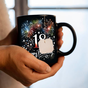 18. Geburtstag Feuerwerk Tasse in Schwarz mit Spruch Happy Birthday 18