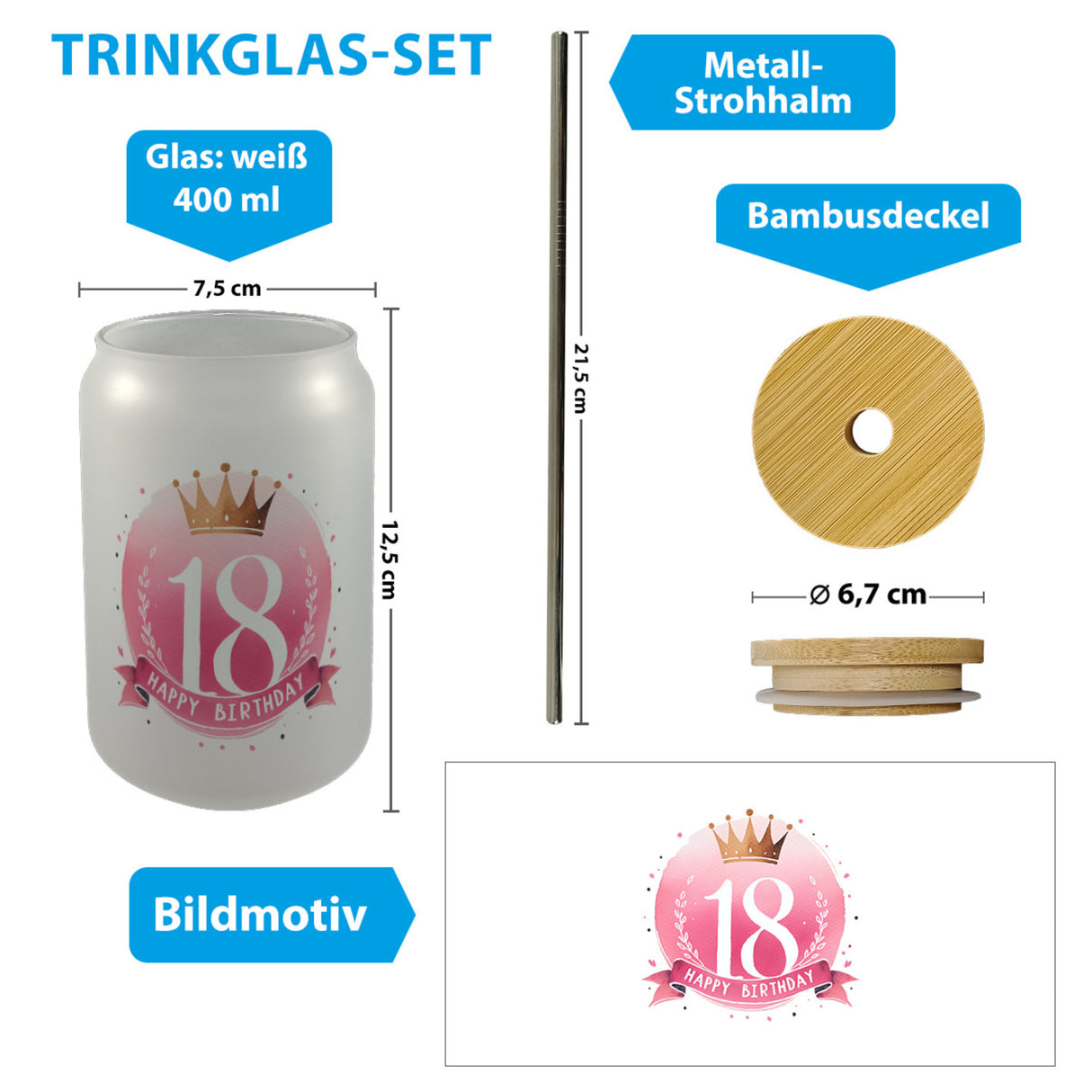 Happy Birthday 18 Krone Trinkglas mit Bambusdeckel