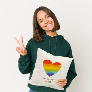 Regenbogenherz Kissen mit Spruch Im Herzen bunt