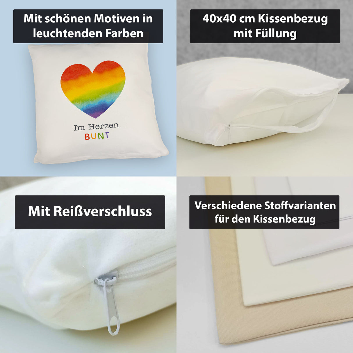 Regenbogenherz Kissen mit Spruch Im Herzen bunt