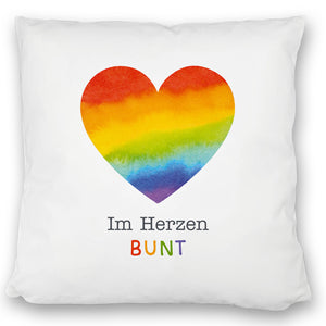 Regenbogenherz Kissen mit Spruch Im Herzen bunt