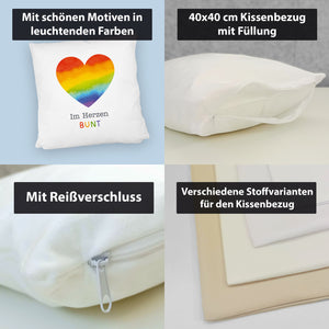 Regenbogenherz Kissen mit Spruch Im Herzen bunt
