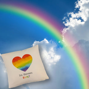 Regenbogenherz Kissen mit Spruch Im Herzen bunt