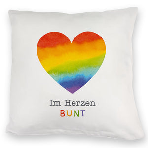 Regenbogenherz Kissen mit Spruch Im Herzen bunt