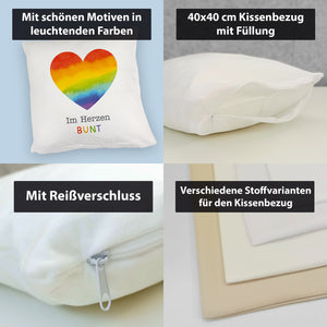Regenbogenherz Kissen mit Spruch Im Herzen bunt