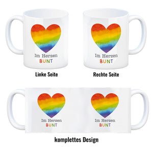 Regenbogenherz Kaffeebecher mit Spruch Im Herzen bunt