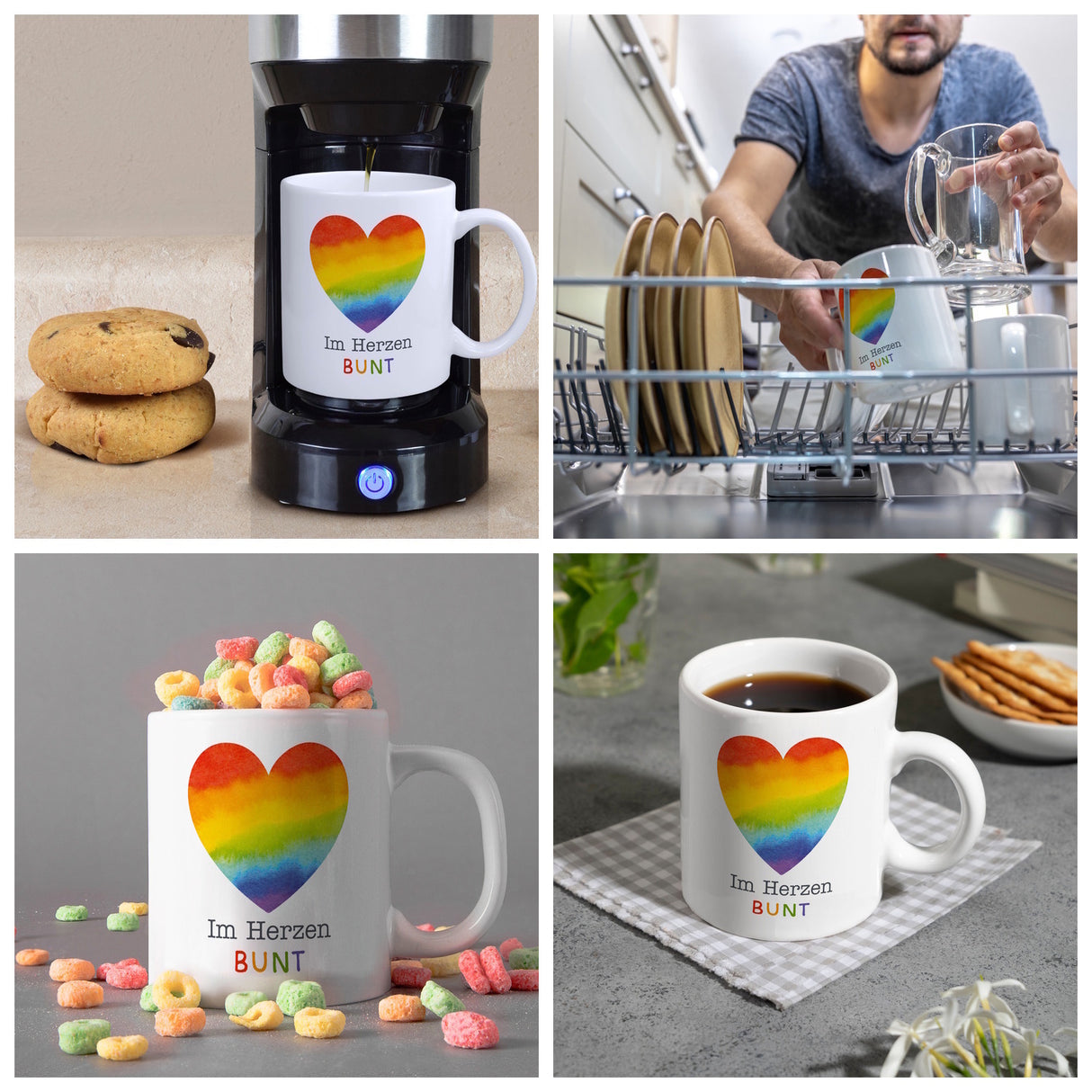 Regenbogenherz Kaffeebecher mit Spruch Im Herzen bunt