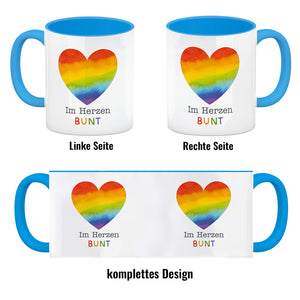 Regenbogenherz Kaffeebecher mit Spruch Im Herzen bunt