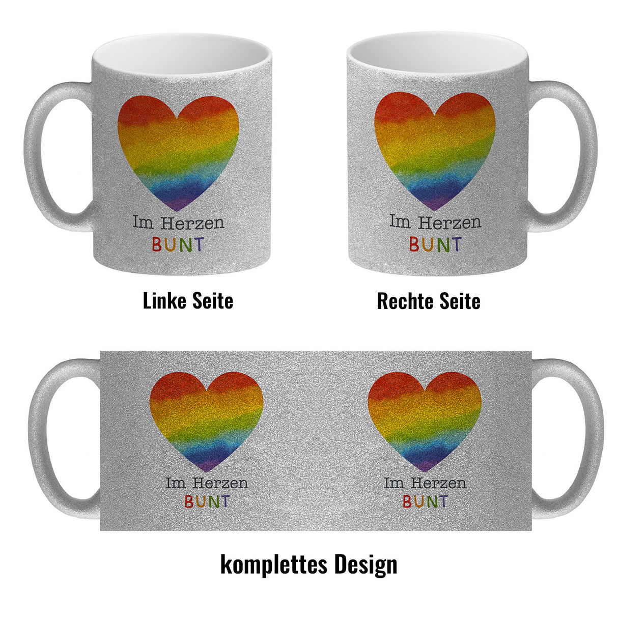 Regenbogenherz Kaffeebecher mit Spruch Im Herzen bunt