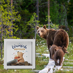 Bär mit Geschenk Spardose mit Spruch Wunscherfüller