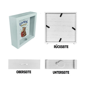 Bär mit Geschenk Spardose mit Spruch Wunscherfüller